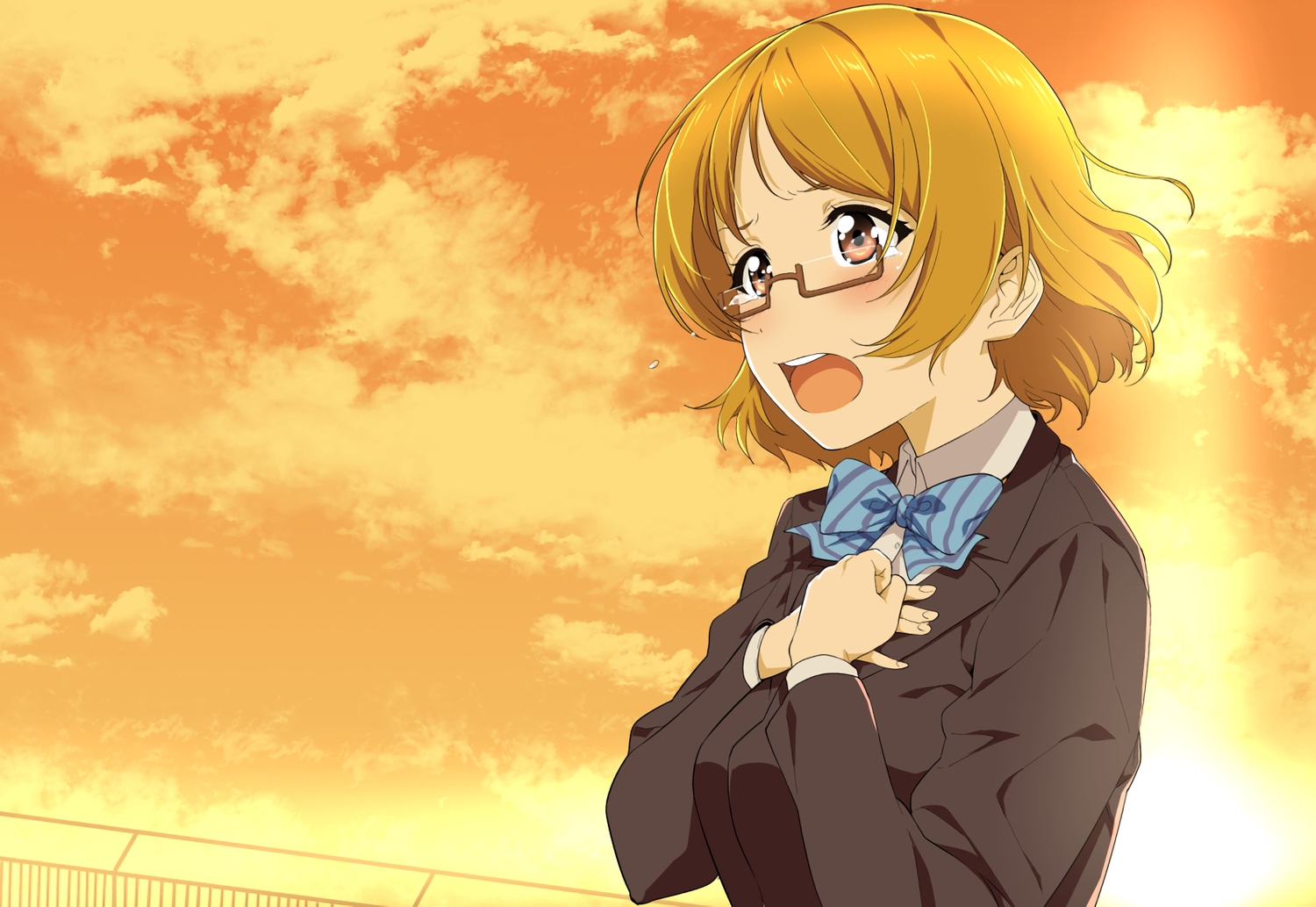 blonde_hair, blush, bow, brown_eyes, clouds, glasses, jyura, koizumi_hanayo, love_live!_school_idol_project, school_uniform, short_hair, sky, sunset, tears, waifu2x