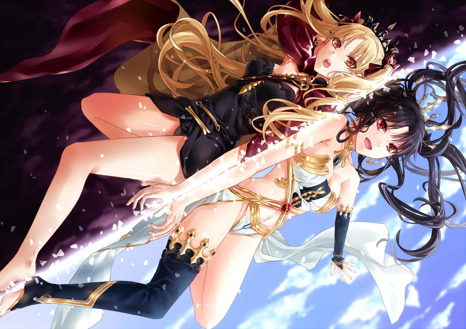barefoot, black_hair, blonde_hair, breasts, cape, clouds, ereshkigal_(fate/grand_order), fate/grand_order, fate_(series), headdress, ishtar_(fate/grand_order), long_hair, navel, orange_eyes, red_eyes, sky, thighhighs, twintails, yuu+1