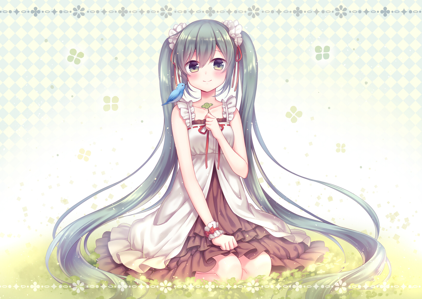 amane_kurumi, animal, aqua_hair, bird, blush, dress, green_eyes, hatsune_miku