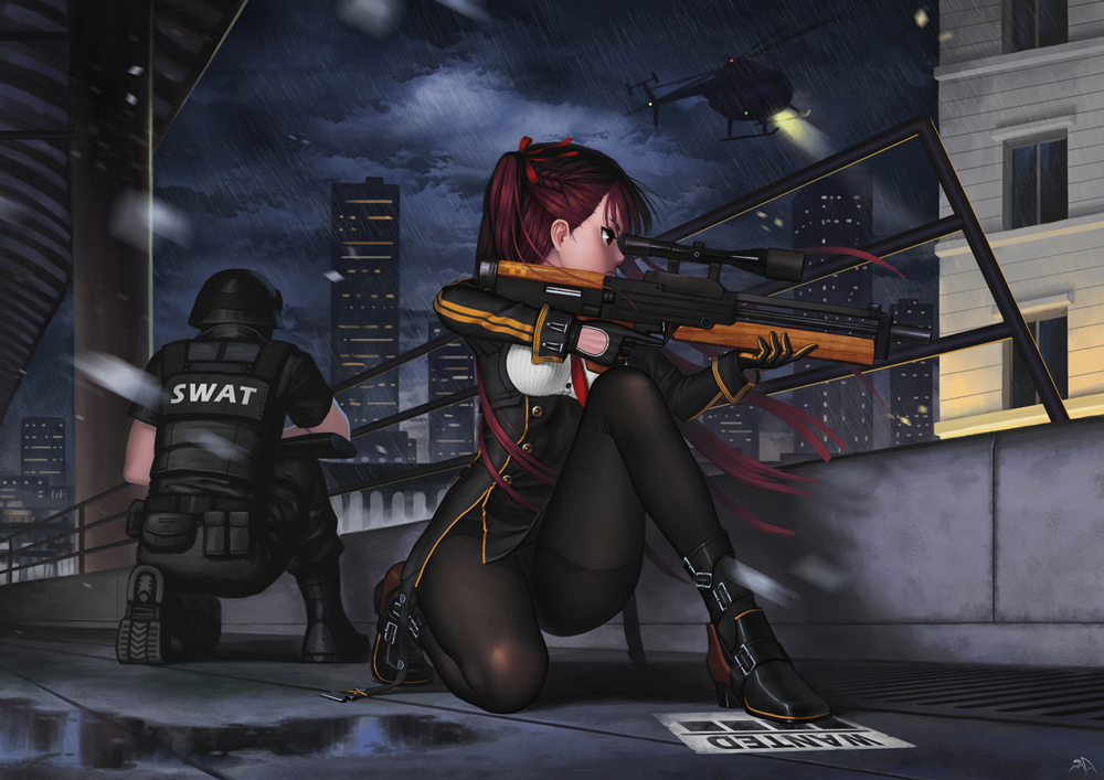aircraft, anthropomorphism, braids, building, city, clouds, darkmuleth, girls_frontline, long_hair, male, military, night, pantyhose, purple_hair, rain, red_eyes, signed, sky, wa2000_(girls_frontline), water, weapon