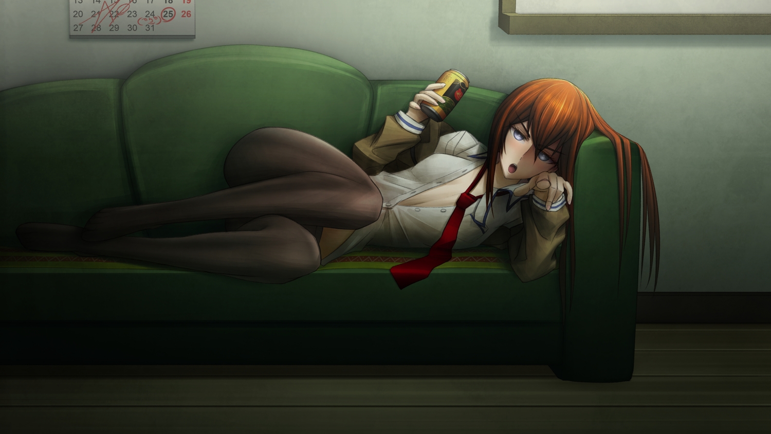 brown_hair, couch, drink, green, long_hair, makise_kurisu, no_bra, open_shirt