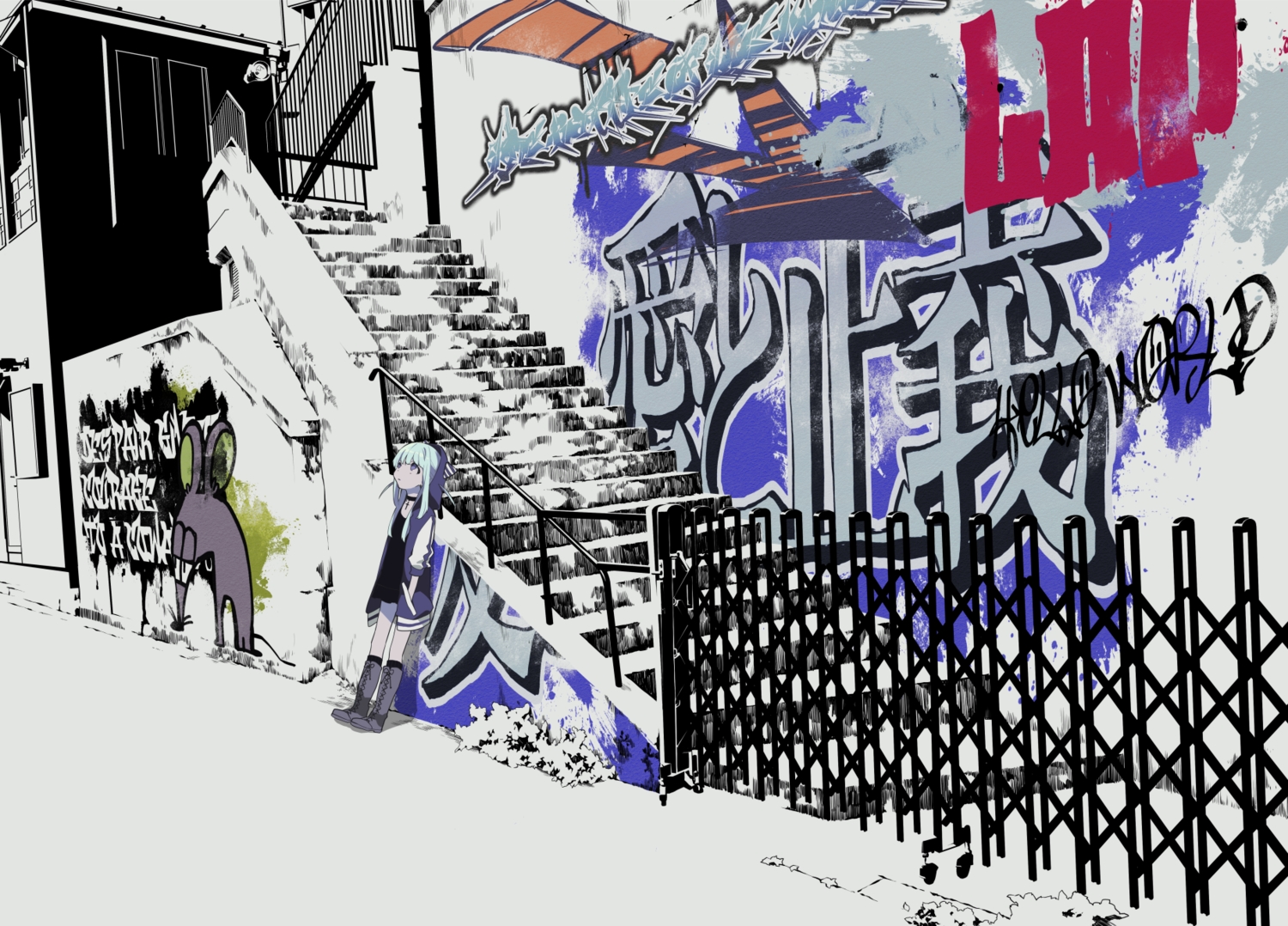 blue_hair, boots, dress, graffiti, hood, kneehighs, original, purple_eyes