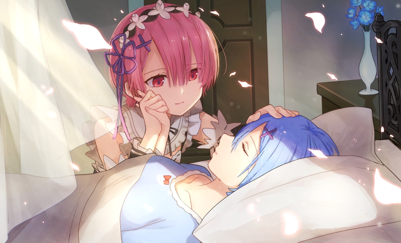 2girls, aqua_hair, bow, flowers, headdress, maid, petals, pink_hair, ram_(re:zero), red_eyes, rem_(re:zero), re:zero_kara_hajimeru_isekai_seikatsu, shake_sawa, short_hair, sleeping, twins