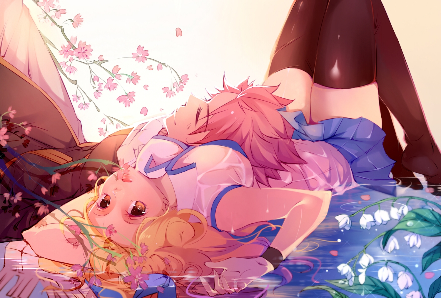 blonde_hair, breasts, brown_eyes, fairy_tail, flowers, hakire, long_hair, lucy_heartfilia