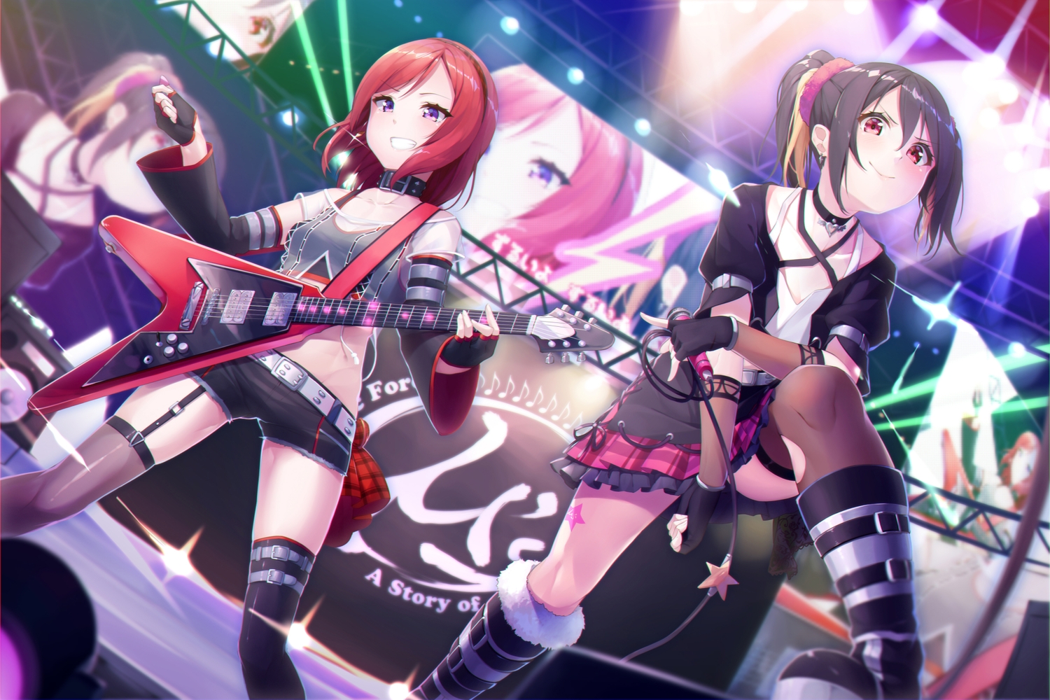 black_hair, choker, garter, ginopi, gloves, guitar, headband, instrument, love_live!_school_idol_project, microphone, music, nishikino_maki, ponytail, purple_eyes, red_eyes, red_hair, short_hair, shorts, skirt, thighhighs, yazawa_nico