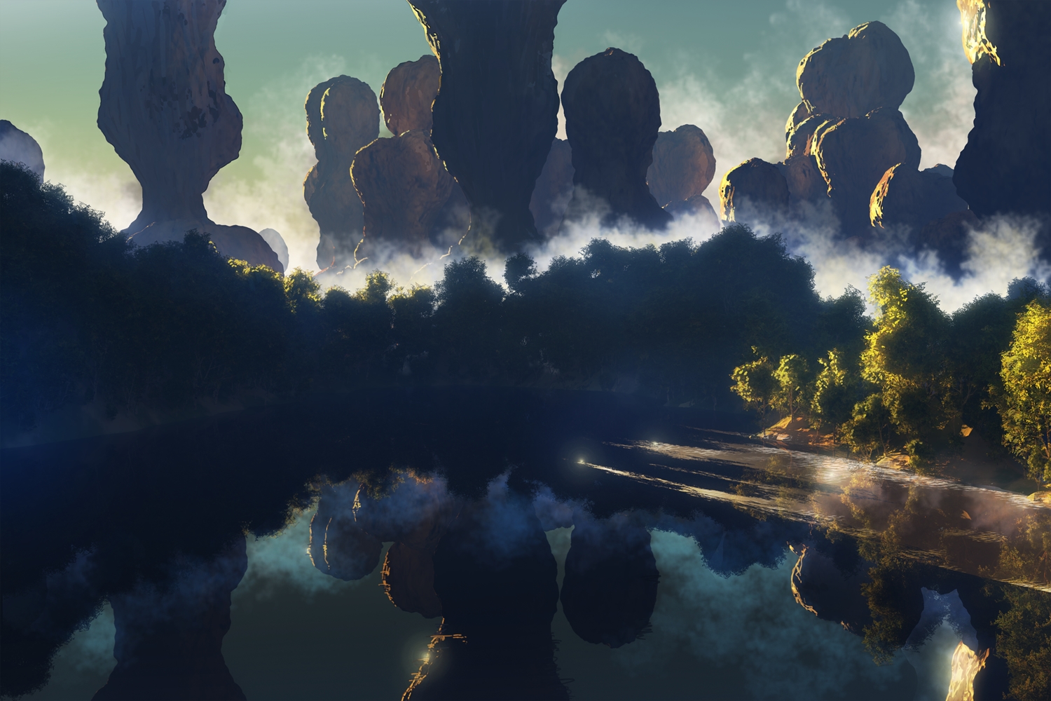 3d, landscape, no_humans, original, reflection, scenic, tree, waisshu_(sougyokyuu)