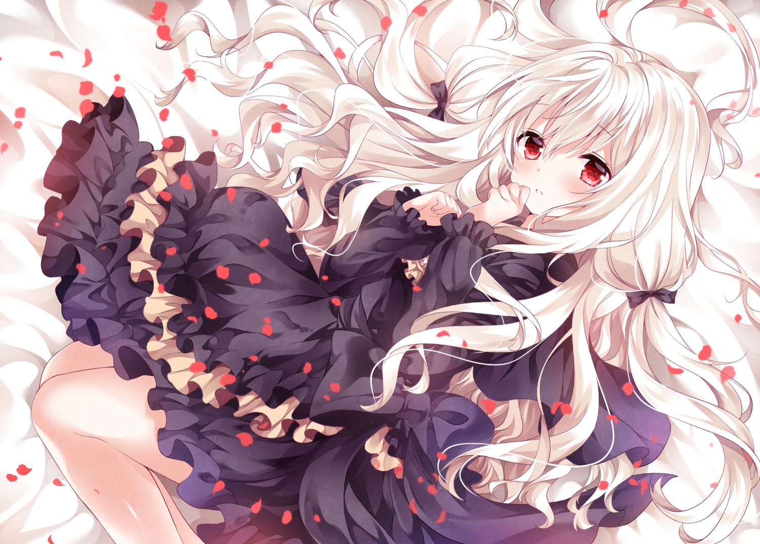 blush, goth-loli, lolita_fashion, long_hair, nogi_takayoshi, original, petals, red_eyes