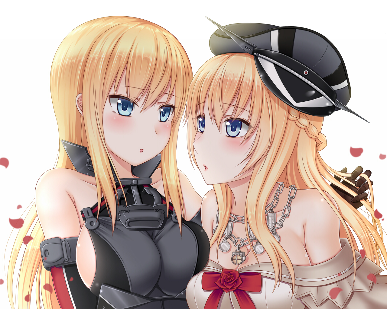 2girls, anthropomorphism, aqua_eyes, bismarck_(kancolle), blonde_hair, blush, braids, breasts