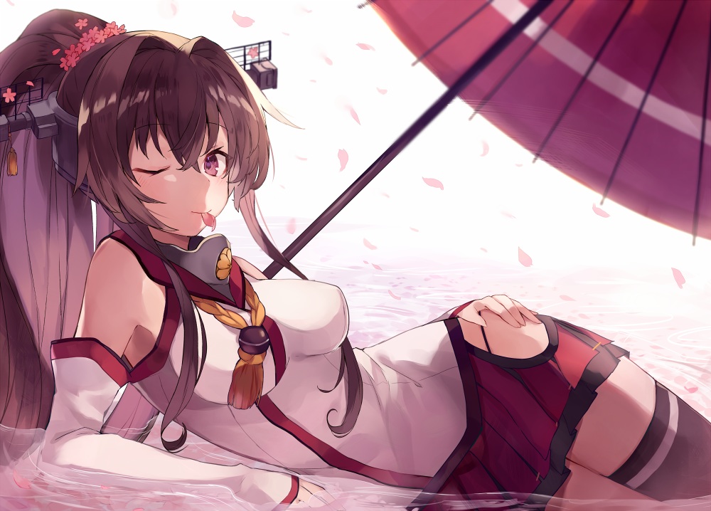 aliasing, anthropomorphism, breasts, brown_hair, haruka_(reborn), kantai_collection, long_hair, petals, ponytail, thighhighs, umbrella, water, wink, yamato_(kancolle)