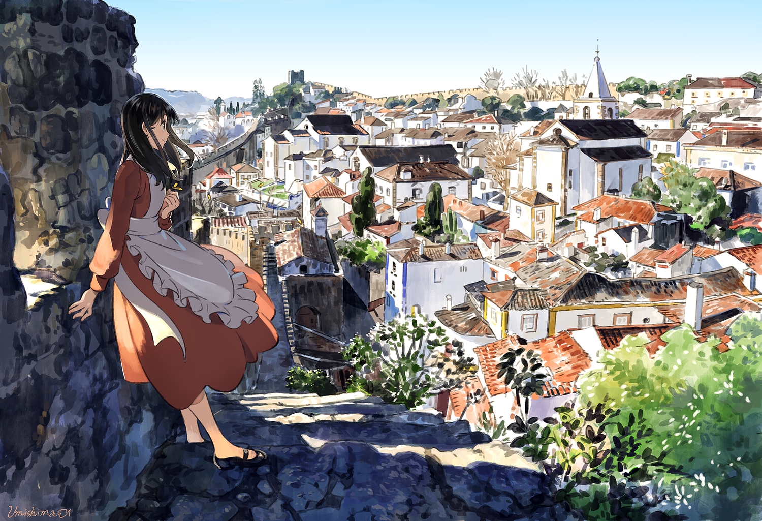 black_hair, building, city, dress, long_hair, original, signed, sky
