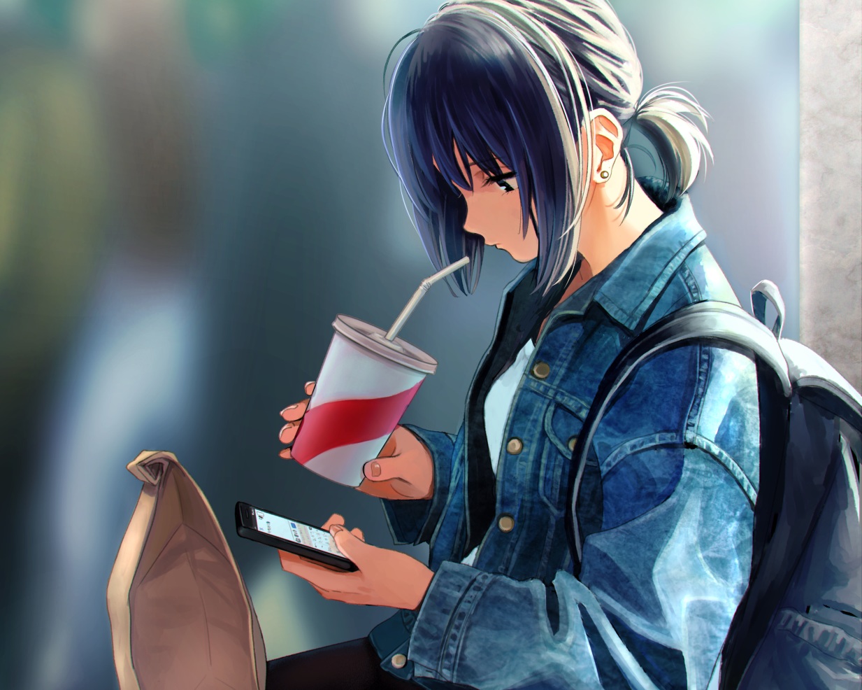cropped, drink, food, nashigaya_koyomi, original, pantyhose, phone, ponytail, short_hair