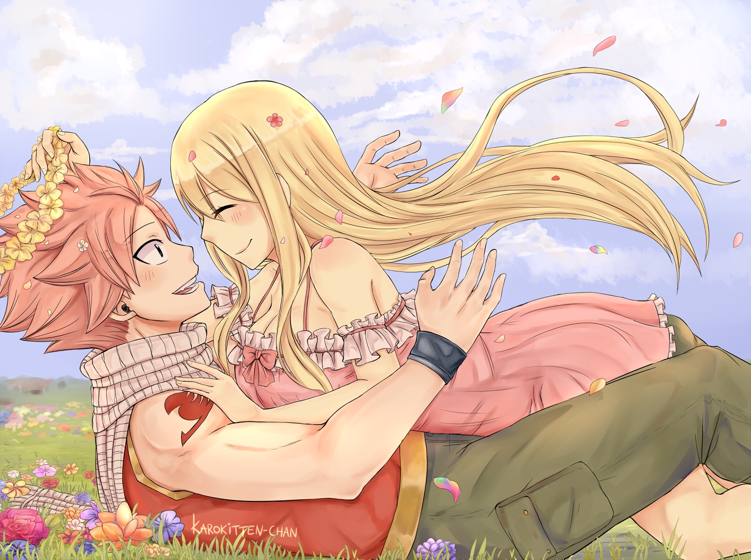 blonde_hair, blush, bow, clouds, dress, fairy_tail, flowers, karokitten-chan