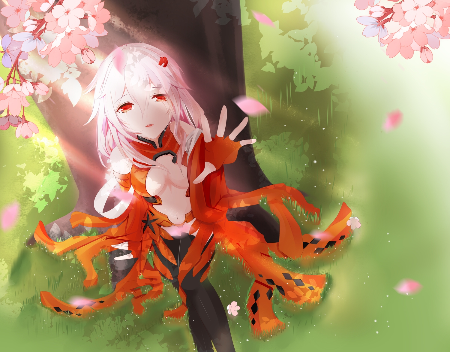aliasing, bodysuit, cherry_blossoms, flowers, guilty_crown, hate_ani_hikae, long_hair, navel, pink_hair, tree, yuzuriha_inori