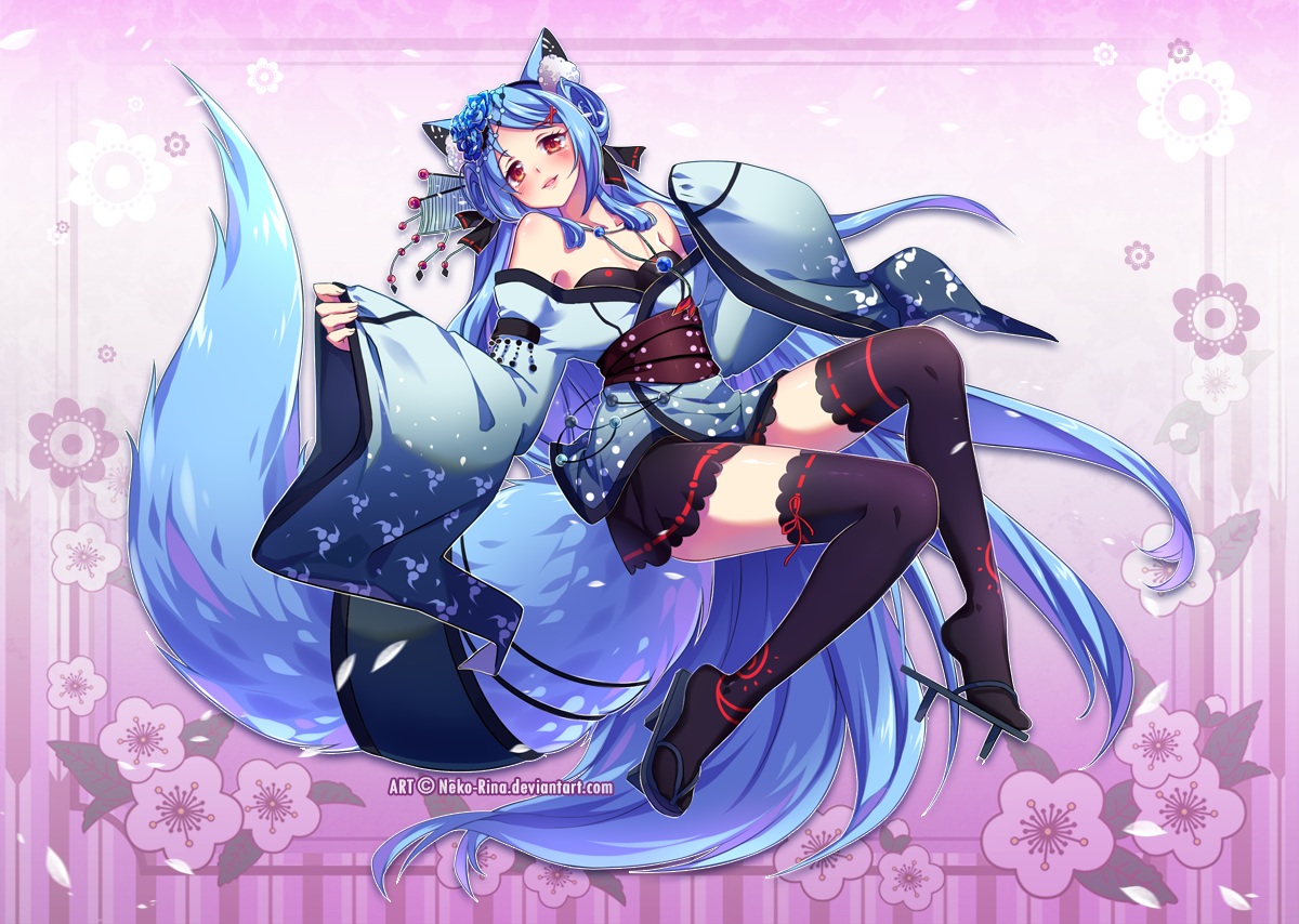 animal_ears, aqua_hair, blush, foxgirl, headdress, japanese_clothes, necklace, neko-rina, original, red_eyes, skirt, tail, thighhighs, watermark, zettai_ryouiki