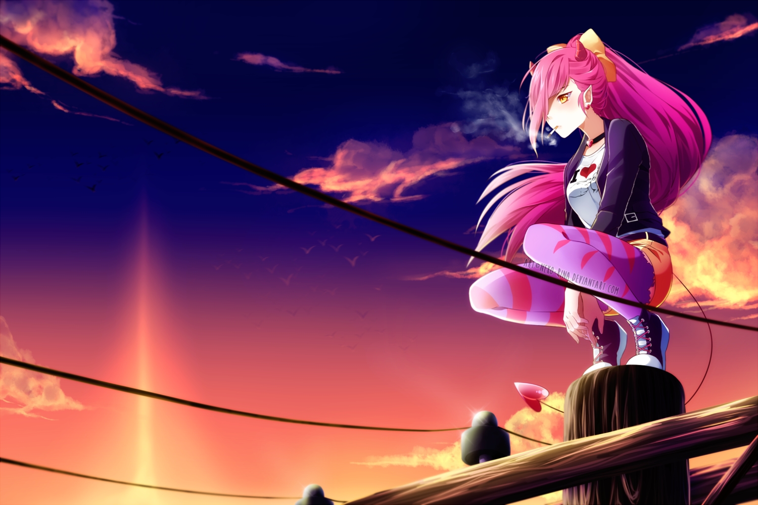 choker, cigarette, clouds, demon, horns, long_hair, neko-rina, orange_eyes, original, pink_hair, pointed_ears, ponytail, shorts, sky, smoking, sunset, tail, thighhighs, watermark