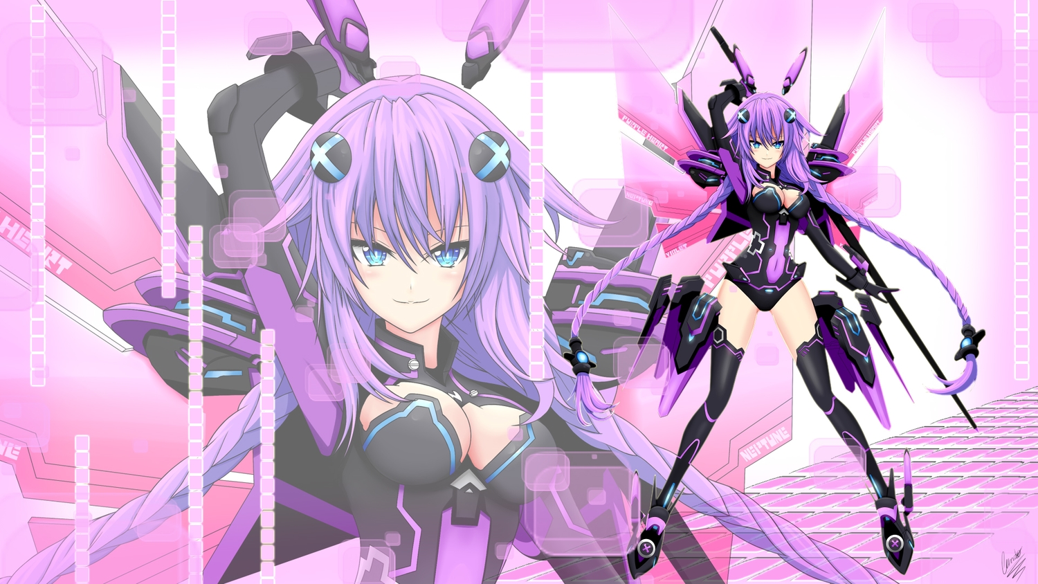 blue_eyes, bodysuit, braids, breasts, cleavage, cundodeviant, hyperdimension_neptunia, long_hair, neptune, purple_hair, purple_heart, signed, thighhighs, twintails, weapon, wings, zoom_layer