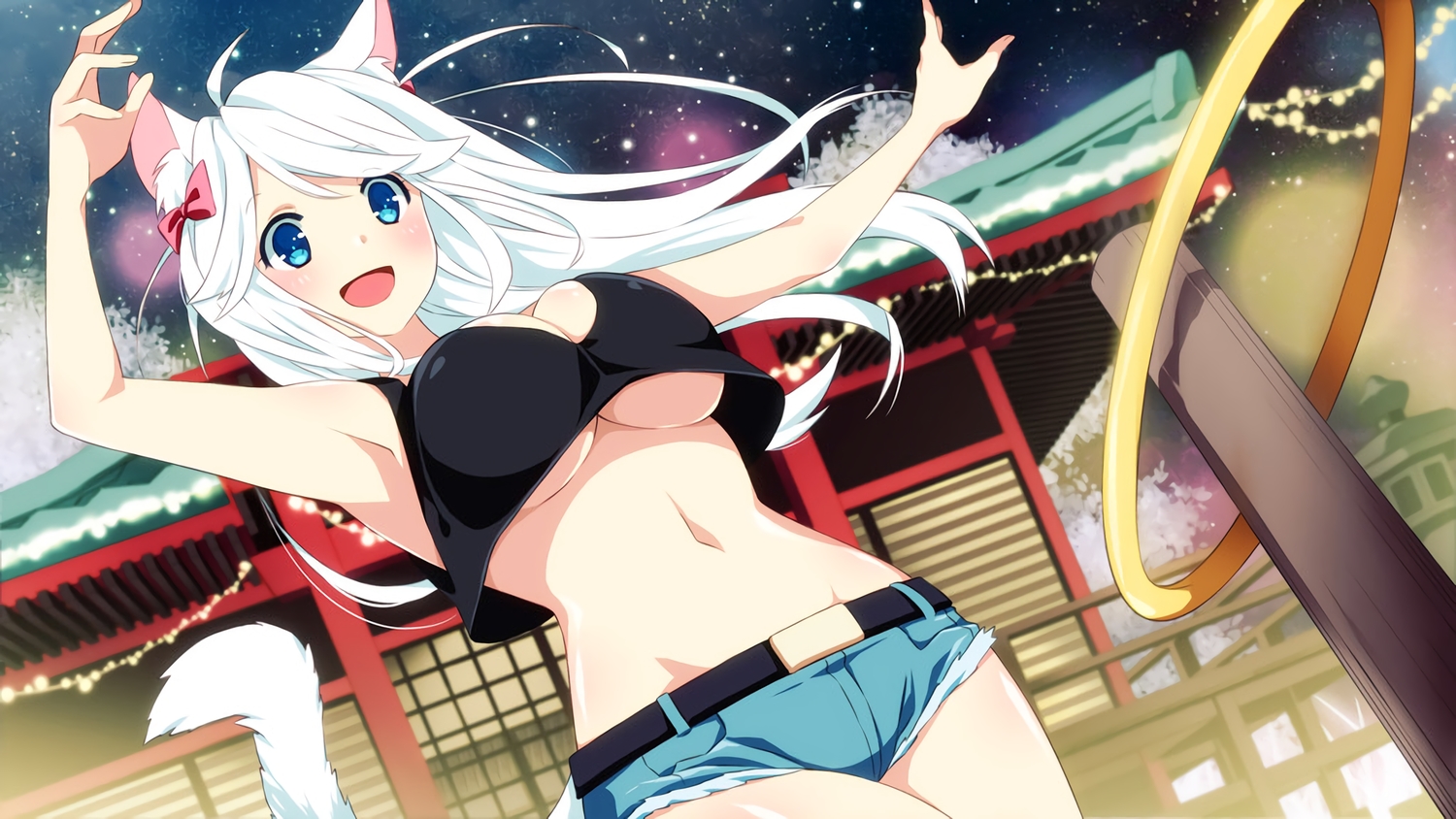 animal_ears, bow, breasts, catgirl, game_cg, inma, long_hair, navel, nayoko_(sakura_shrine_girls), sakura_shrine_girls, shorts, tail, underboob, waifu2x, white_hair, winged_cloud