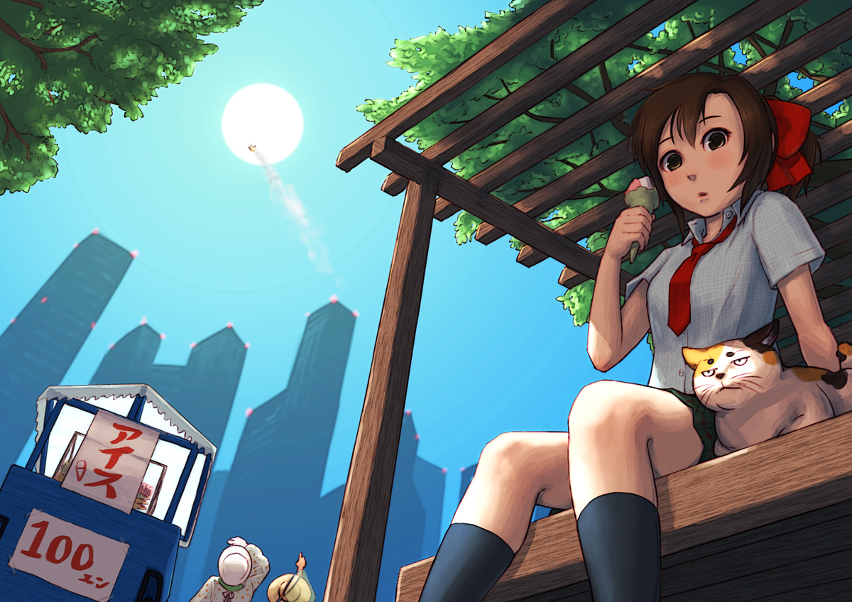 animal, brown_eyes, brown_hair, building, cat, city, food, hat, ice_cream, kneehighs, original, school_uniform, short_hair, skirt, tie, tree, yoshikawa_hazure