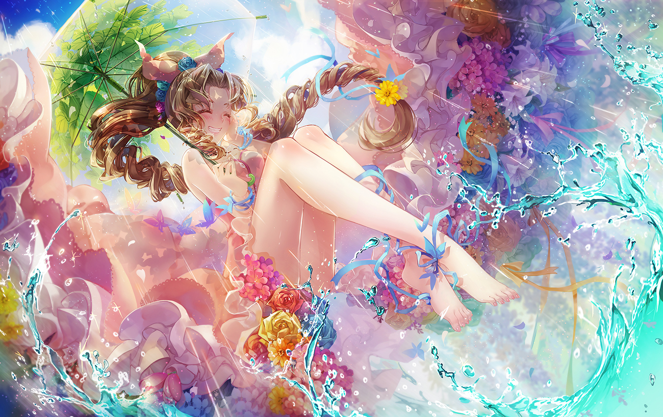 aerith_gainsborough, barefoot, blush, brown_hair, butterfly, cpkon, dress, final_fantasy