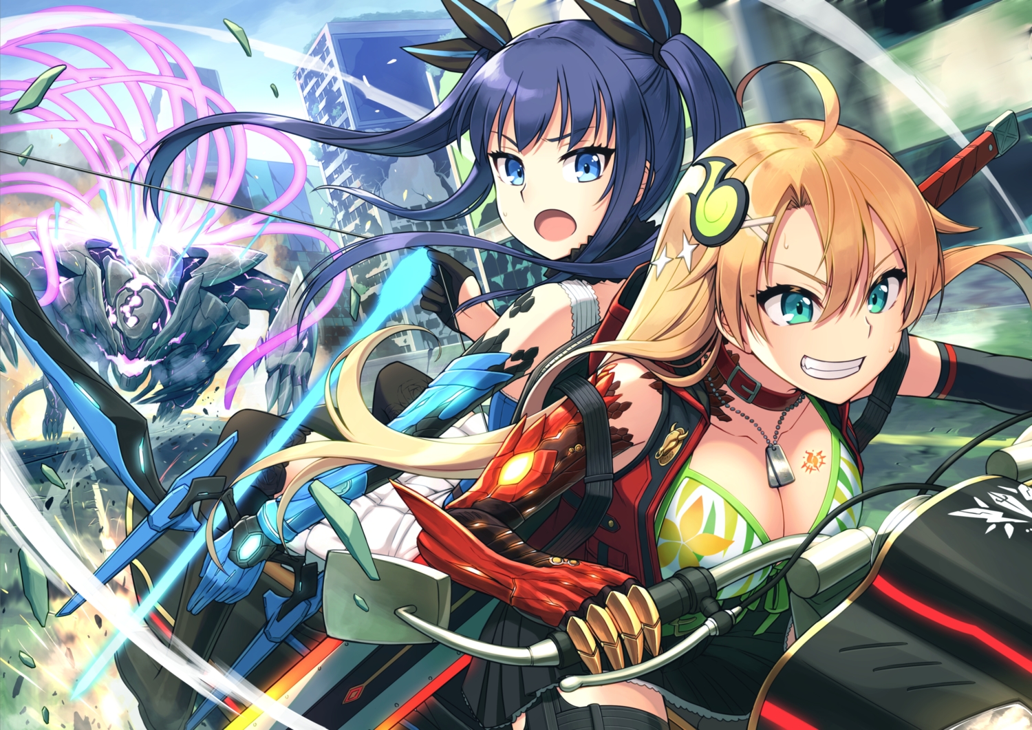 2girls, aqua_eyes, armor, bikini_top, blonde_hair, blue_hair, bow_(weapon), breasts, building, city, cleavage, collar, elbow_gloves, garter_belt, gloves, long_hair, motorcycle, necklace, original, oyaji_kusa, skirt, sword, tattoo, thighhighs, twintails, weapon