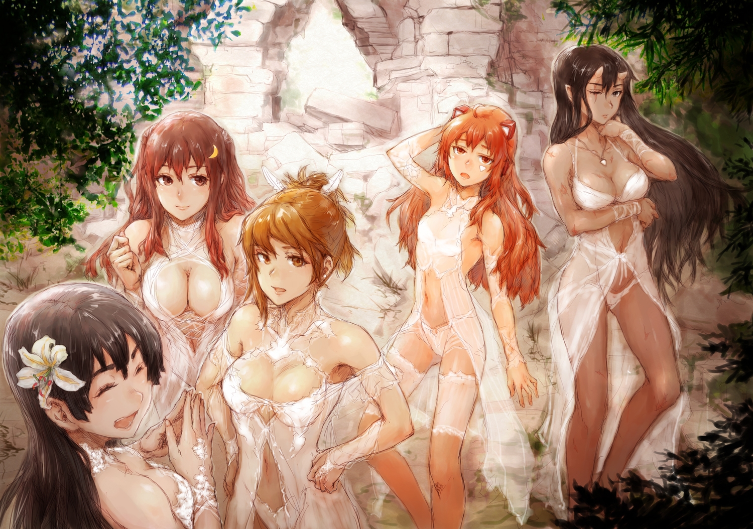 black_hair, breast_hold, breasts, brown_eyes, brown_hair, cleavage, flat_chest, group, horns, long_hair, navel, necklace, orange_eyes, orange_hair, original, panties, pointed_ears, sasagawa_(haikaiki), scar, short_hair, underwear, wink