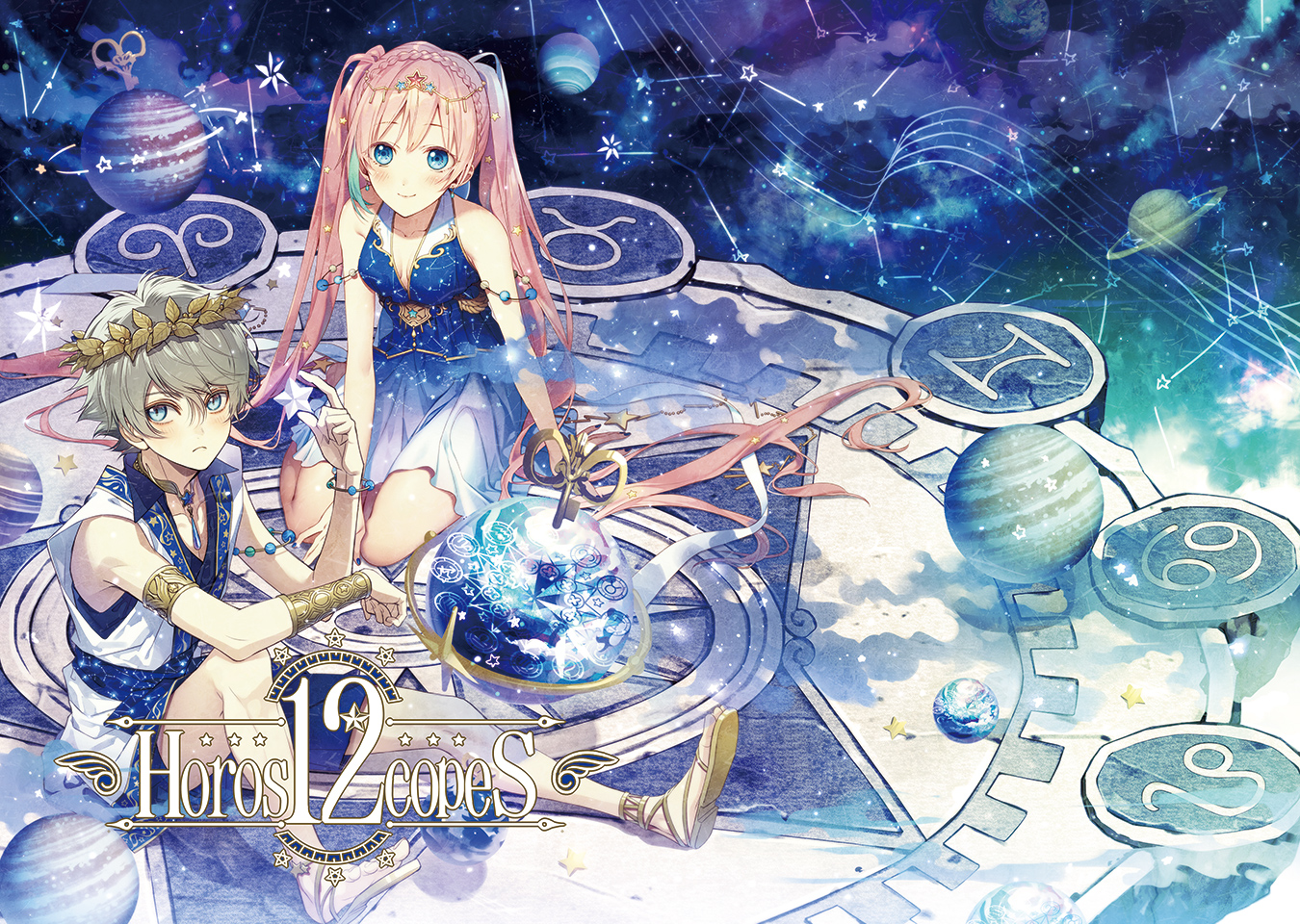 aqua_eyes, blush, braids, dress, hanamura_mai, logo, long_hair, male, original, pink_hair, short_hair, stars, twintails