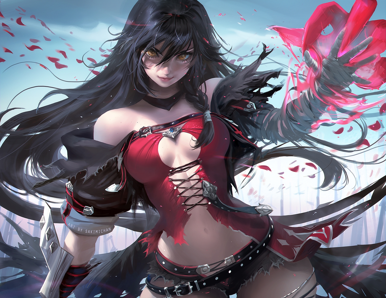 bandage, black_hair, breasts, cleavage, long_hair, sakimichan, tales_of_berseria, velvet_crowe, watermark, yellow_eyes