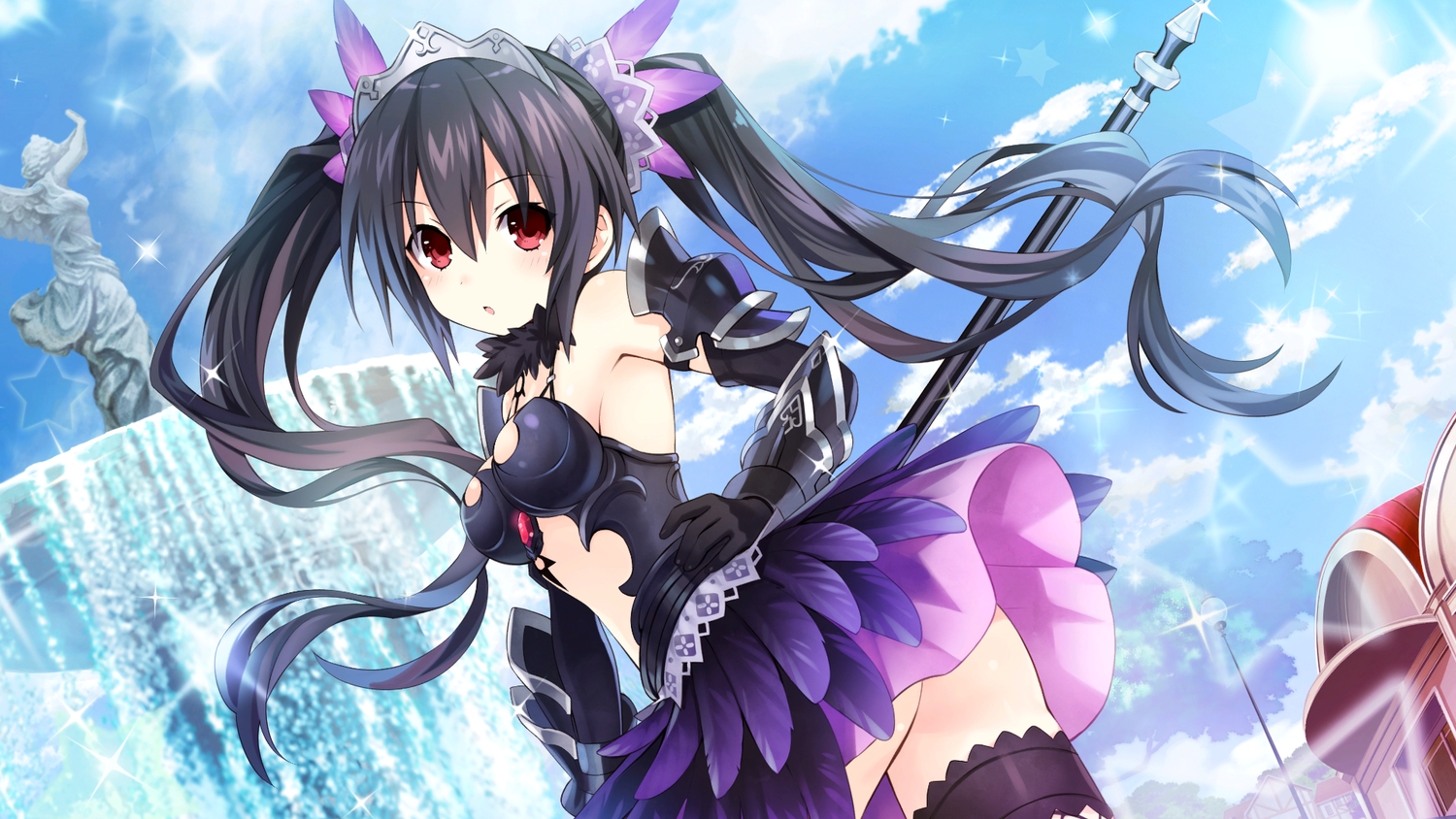 armor, black_hair, breasts, clouds, elbow_gloves, four_goddesses_online:_cyber_dimension_neptune, game_cg, gloves, hyperdimension_neptunia, long_hair, noire, red_eyes, skirt, sky, tiara, tsunako, twintails