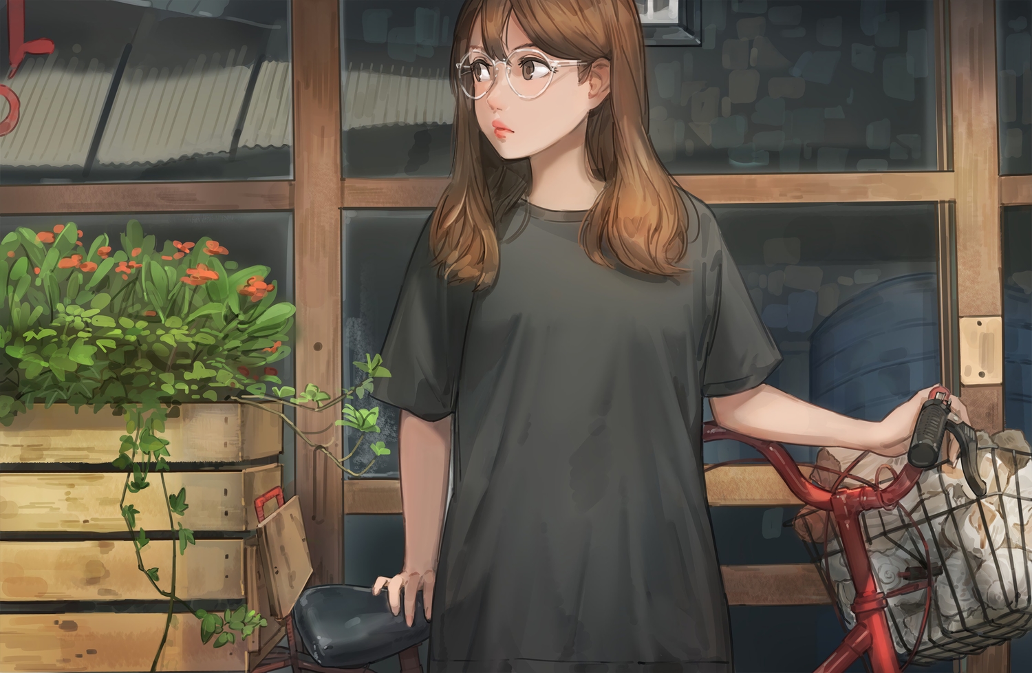bicycle, brown_eyes, brown_hair, dress, flowers, glasses, leaves, long_hair