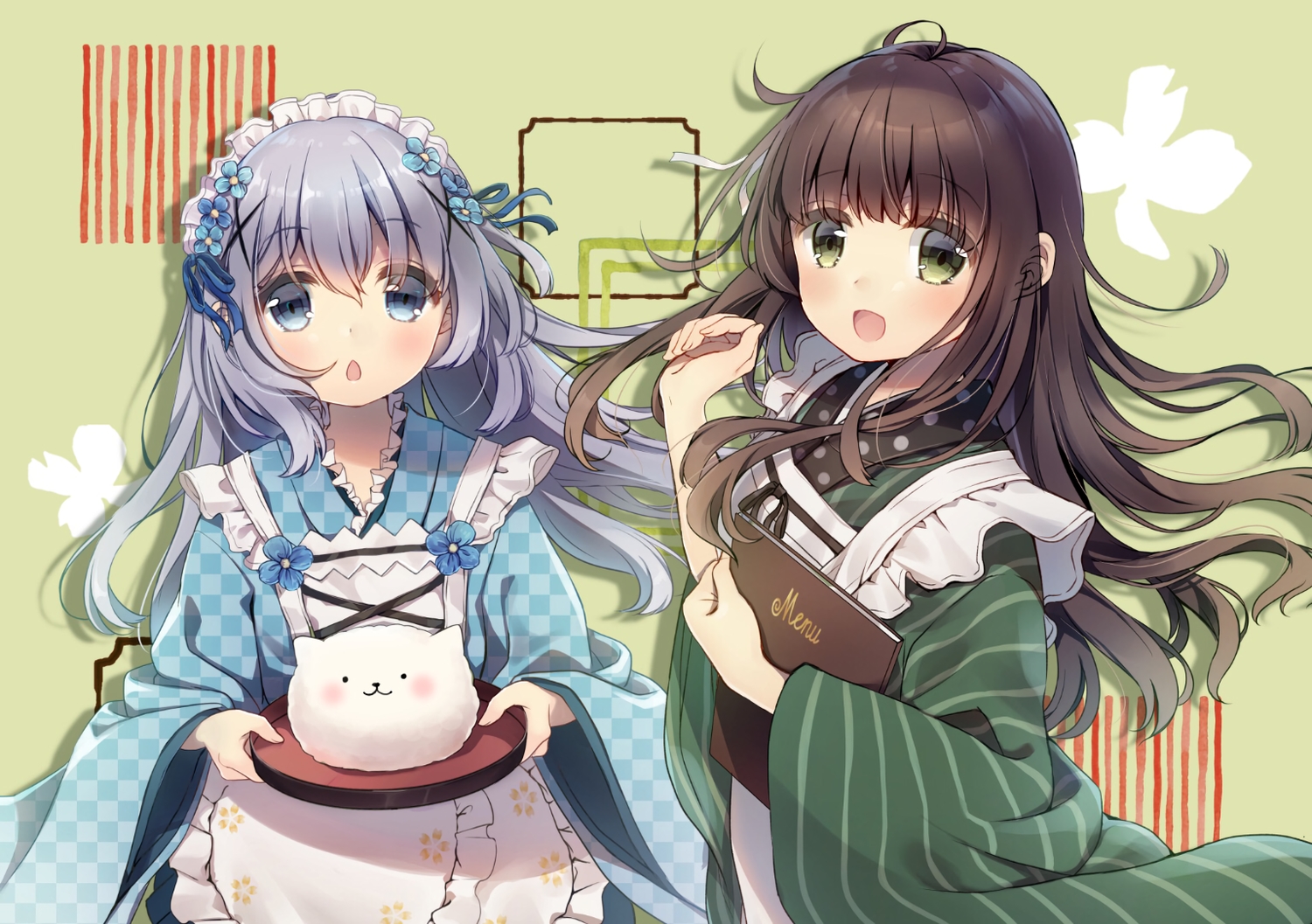 2girls, aqua_eyes, brown_hair, flowers, gochuumon_wa_usagi_desu_ka?, gray_hair, green_eyes, headdress, kafuu_chino, long_hair, maid, mitsuki_ponzu, ribbons, tippy_(gochiusa), ujimatsu_chiya, waitress