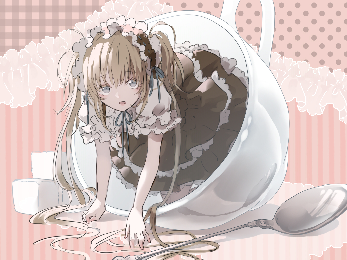 blonde_hair, dress, fumiharu, gray_eyes, headdress, lolita_fashion, long_hair, original, ribbons, sketch