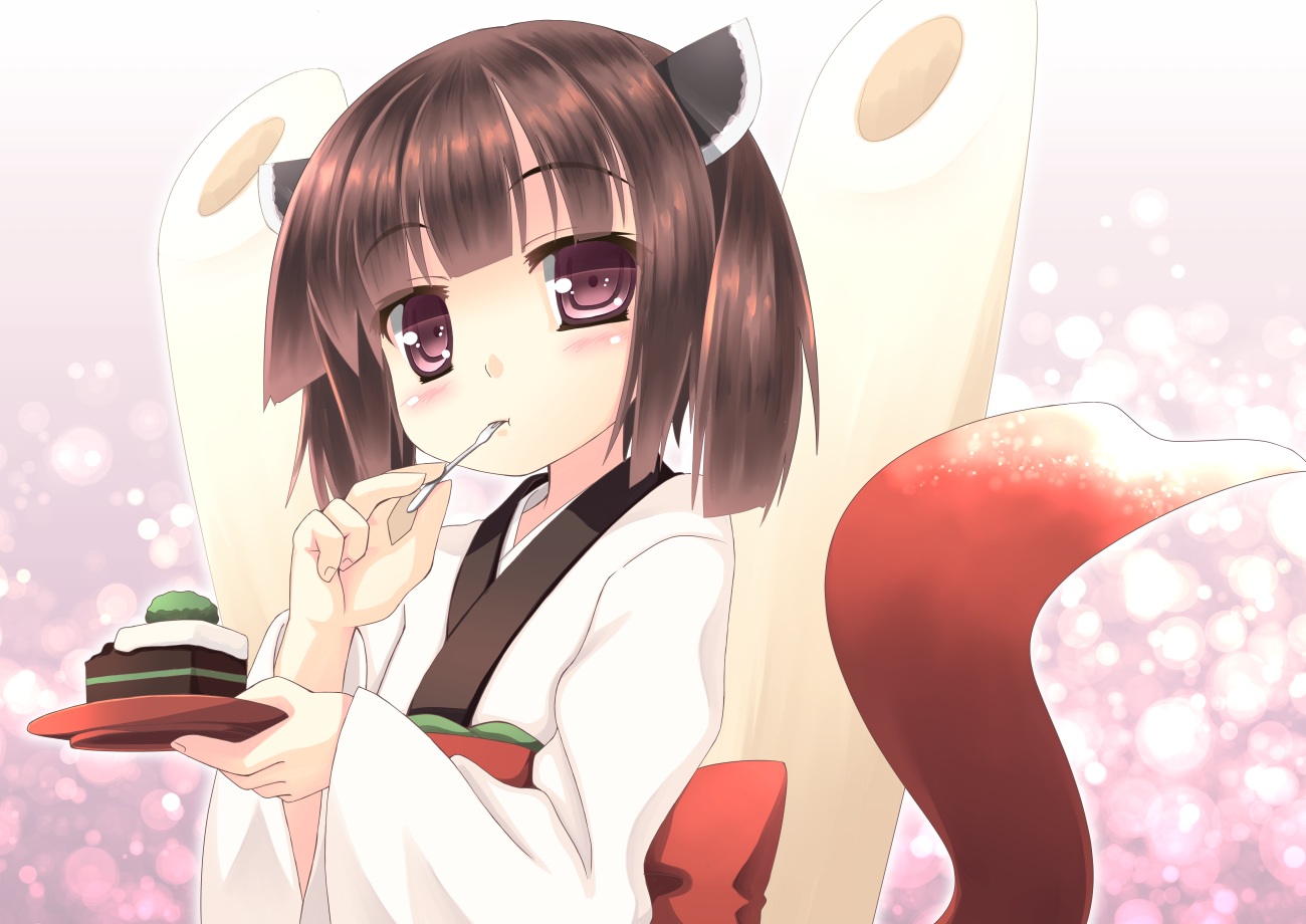 blush, brown_hair, cake, food, japanese_clothes, kimono, loli, purple_eyes