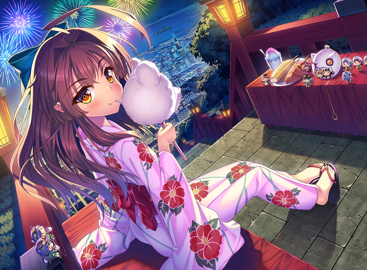 anthropomorphism, blush, bow, brown_hair, building, candy, cat_smile, city