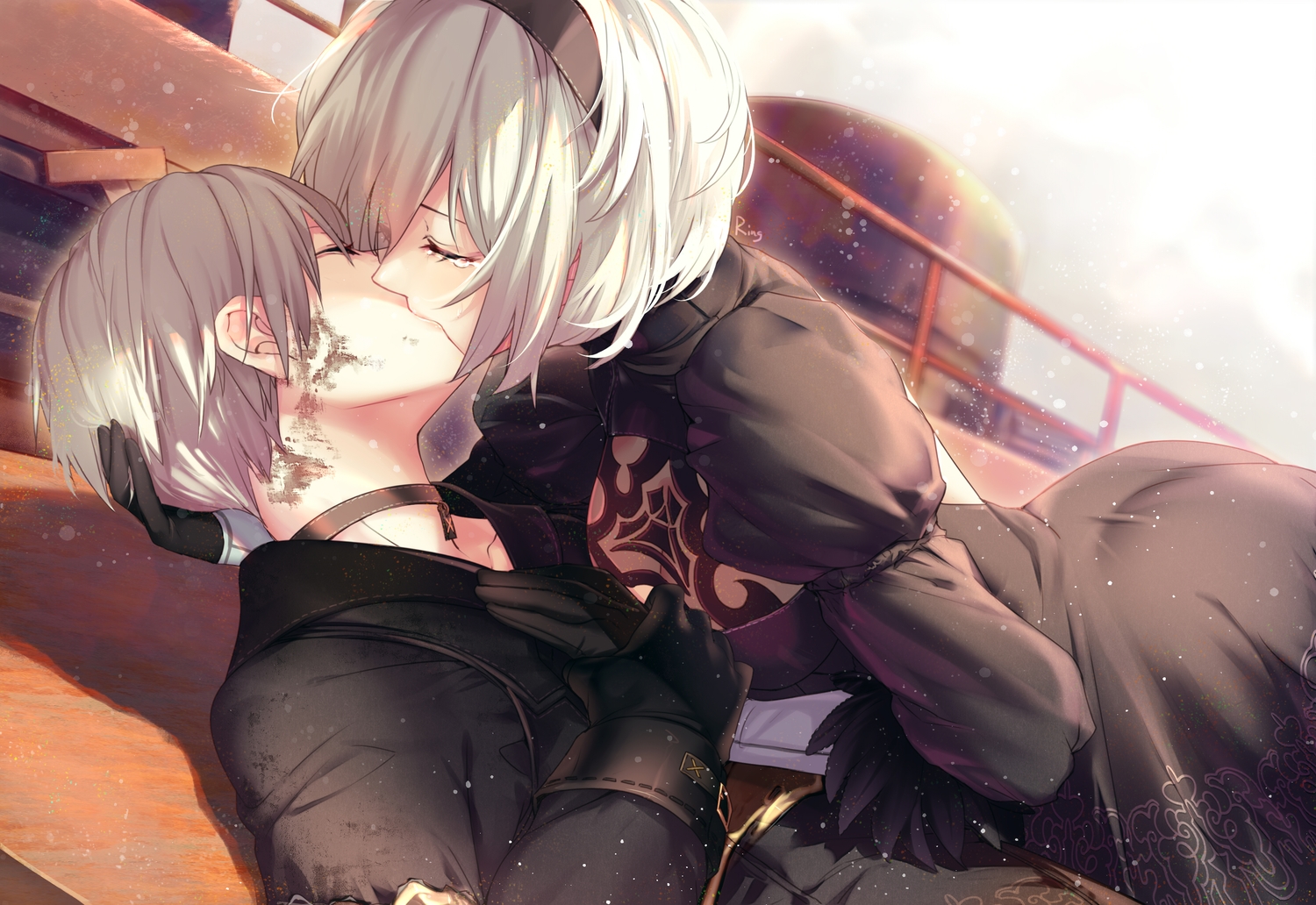 aki663, choker, dress, flowers, gray_hair, headband, kiss, male