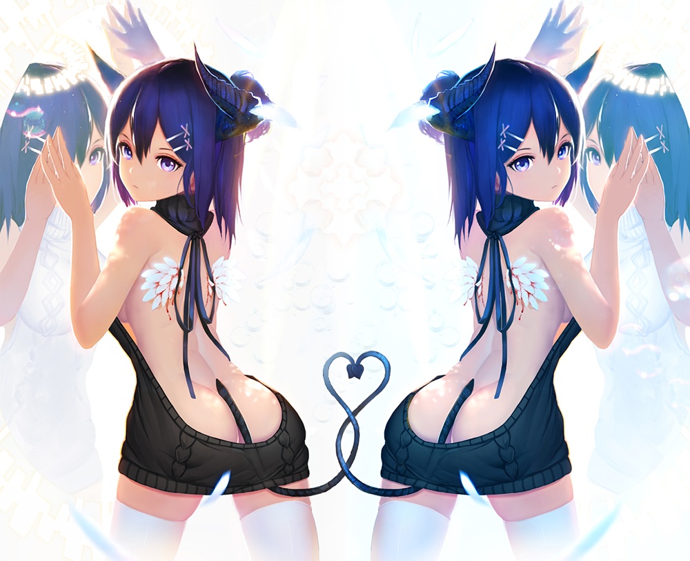 ass, blood, blue_hair, breasts, gabriel_dropout, horns, no_bra, nooko, nopan, purple_eyes, reflection, short_hair, tail, thighhighs, vignette_tsukinose_april, wings
