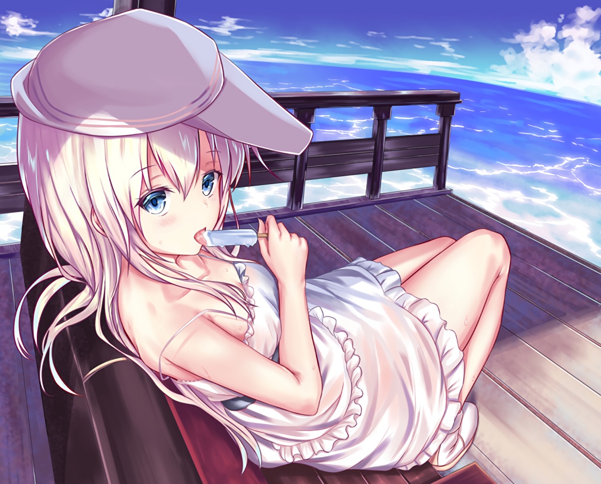 anthropomorphism, aqua_eyes, blush, clouds, dress, hat, hibiki_(kancolle), kantai_collection