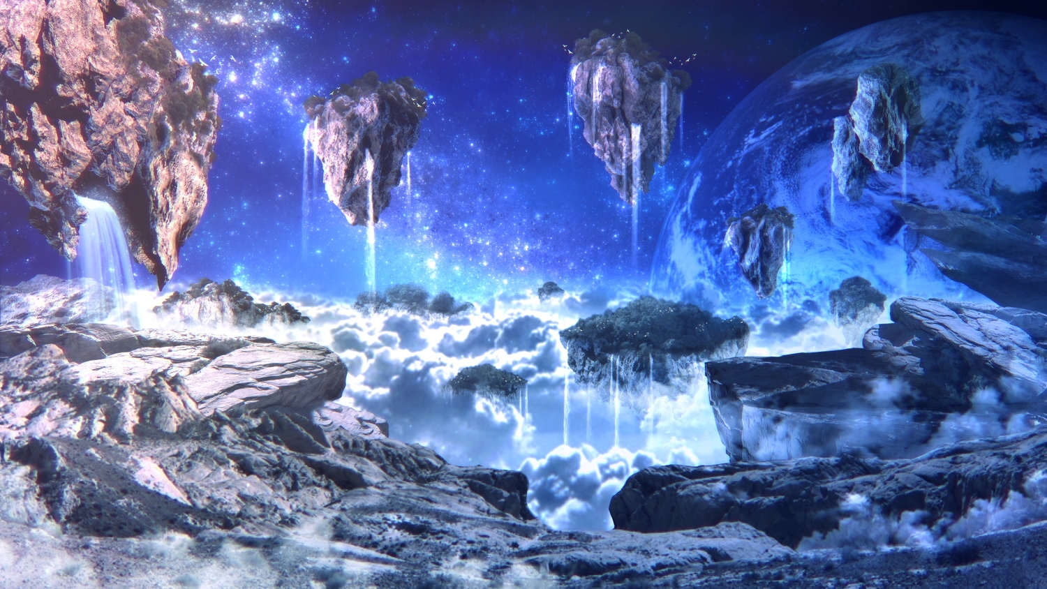 3d, airship, clouds, original, planet, scenic, space, stars, yoshimo_(yoshiki_qaws)