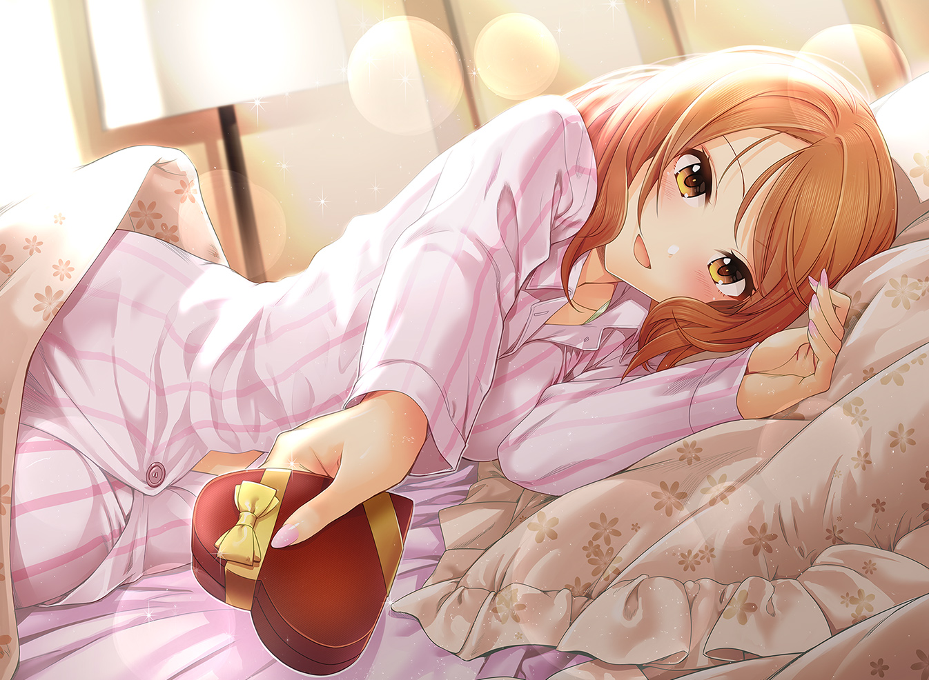 bed, blush, bow, brown_eyes, brown_hair, houjou_karen, idolmaster, idolmaster_cinderella_girls, jpeg_artifacts, kazu, pajamas, short_hair, valentine