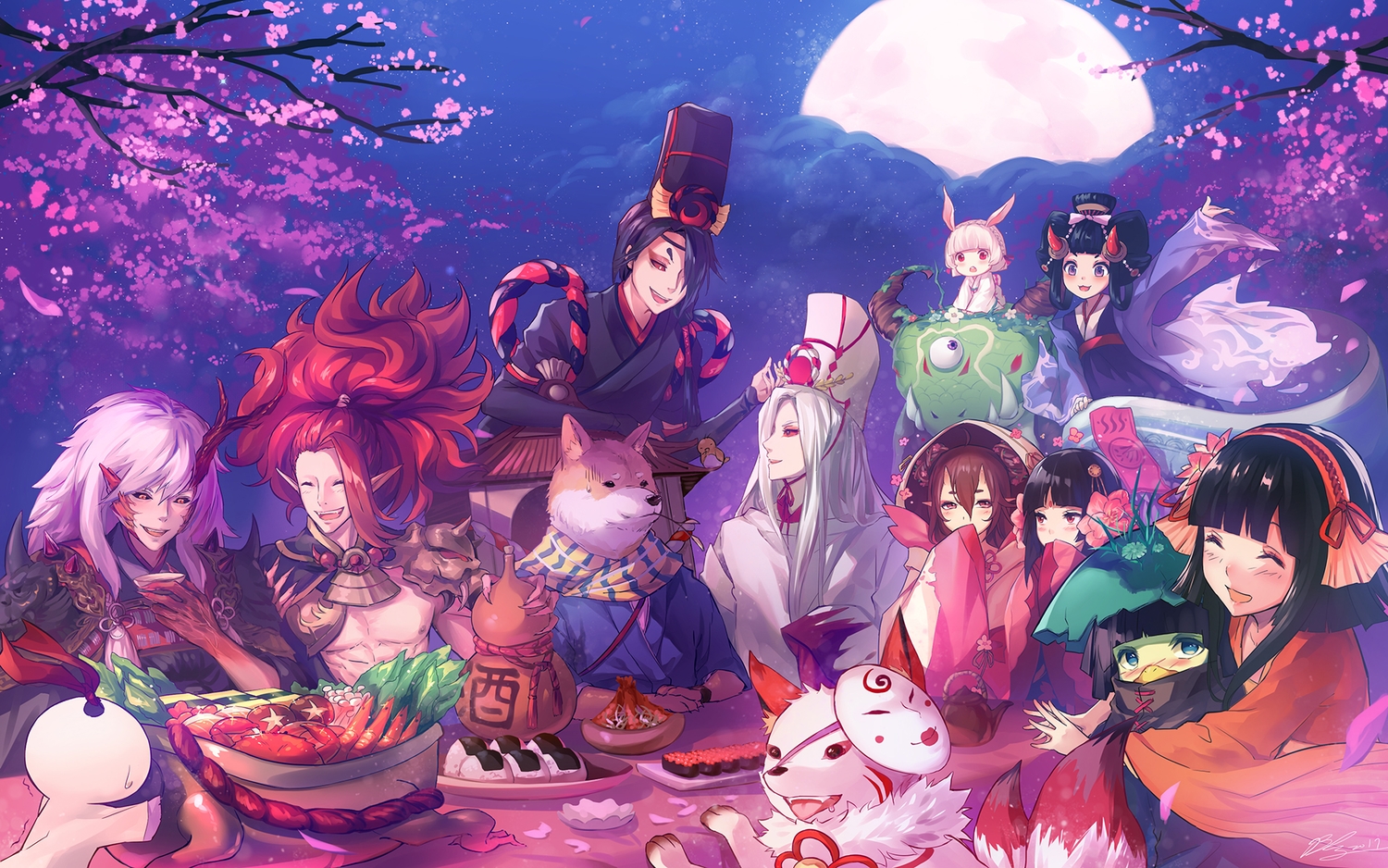 1991_(blz), animal, animal_ears, black_hair, blush, braids, brown_hair, cherry_blossoms, clouds, dog, flowers, food, fox, group, hat, headband, horns, hug, ibaraki_douji_(onmyouji), inugami_(onmyouji), kappa_(onmyouji), koi_no_sei_(onmyouji), kuro_mujou_(onmyouji), loli, long_hair, male, mask, momo_no_sei_(onmyouji), moon, mou_baa_(onmyouji), onmyouji, orange_eyes, petals, pointed_ears, purple_eyes, purple_hair, red_eyes, sakura_no_sei_(onmyouji), shiro_mujou_(onmyouji), short_hair, shuten_douji_(onmyouji), signed, sky, tagme_(character), white_hair, yamausagi_(onmyouji)