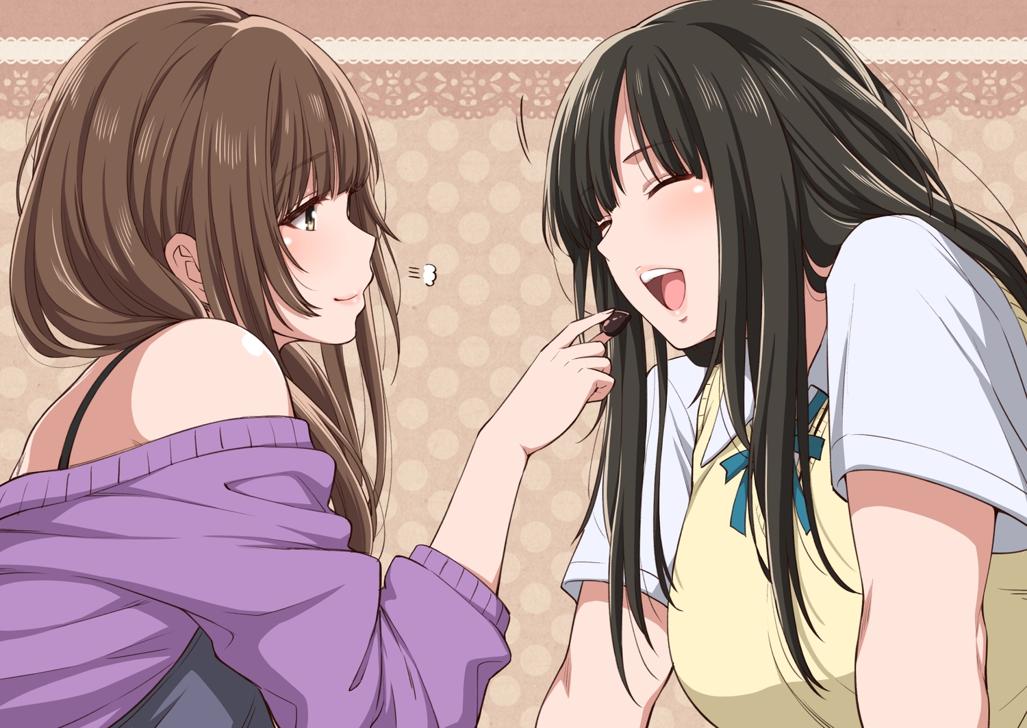 2girls, amagami, black_hair, brown_eyes, brown_hair, candy, chocolate, kamizaki_makoto