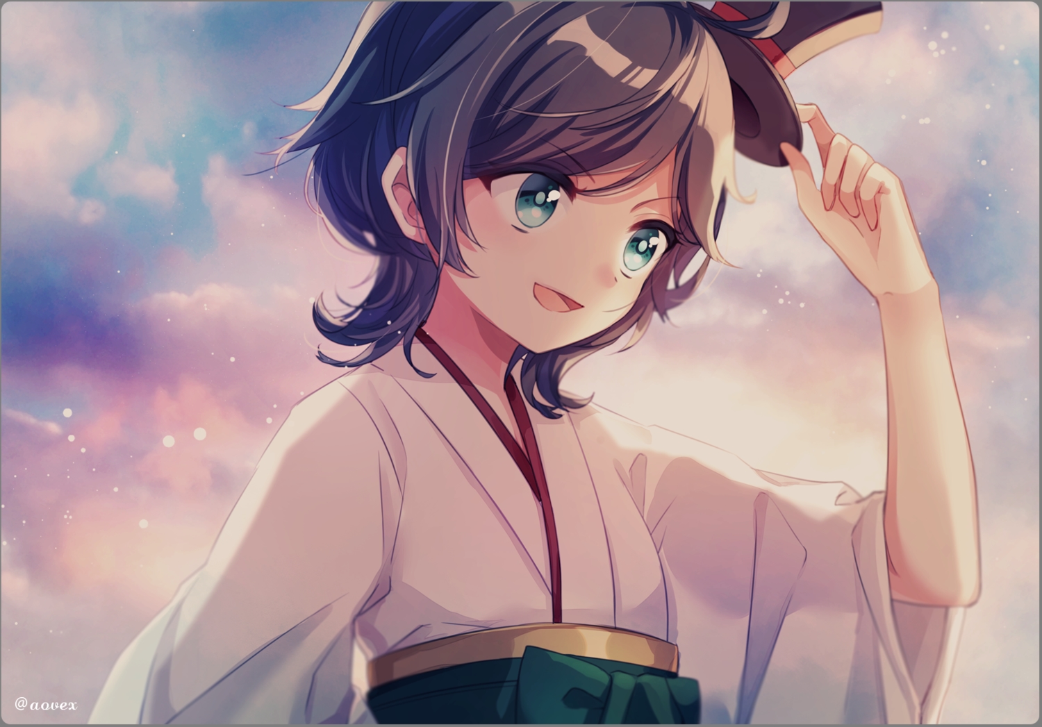 anthropomorphism, aononchi, aqua_eyes, black_hair, clouds, hat, japanese_clothes, kantai_collection, kimono, matsukaze_(kancolle), short_hair, sky, watermark