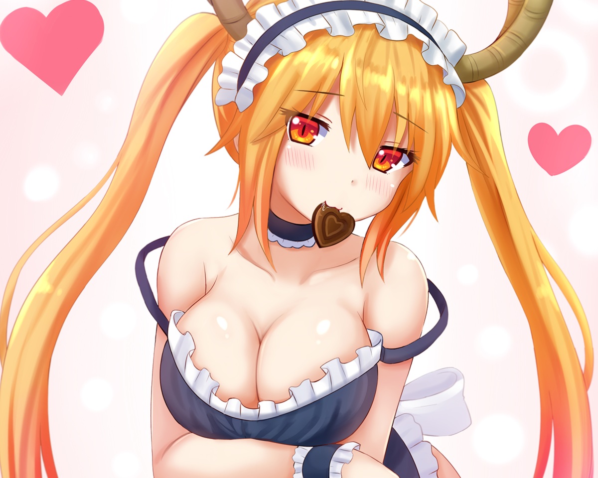 blonde_hair, blush, breast_hold, breasts, candy, chocolate, cleavage, cropped, headdress, horns, kazenokaze, kobayashi-san_chi_no_maid_dragon, long_hair, no_bra, orange_eyes, tooru_(maidragon), twintails, valentine