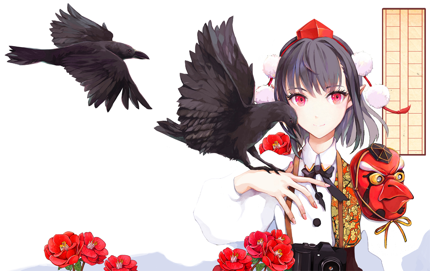 animal, bird, black_hair, camera, ef_(ppps33), flowers, hat, mask, pointed_ears, red_eyes, shameimaru_aya, short_hair, touhou, white
