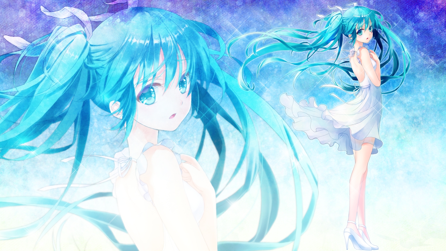aqua_eyes, aqua_hair, dress, hatsune_miku, long_hair, mametiti, summer_dress, twintails, vocaloid, zoom_layer