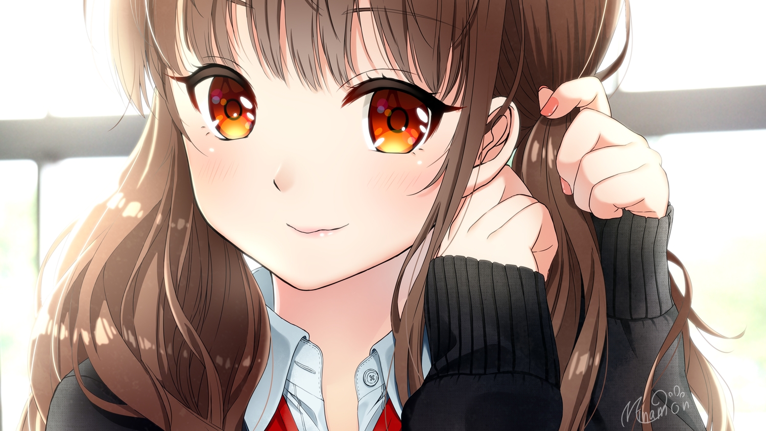 blush, brown_hair, close, long_hair, mametiti, orange_eyes, original, school_uniform, signed, twintails
