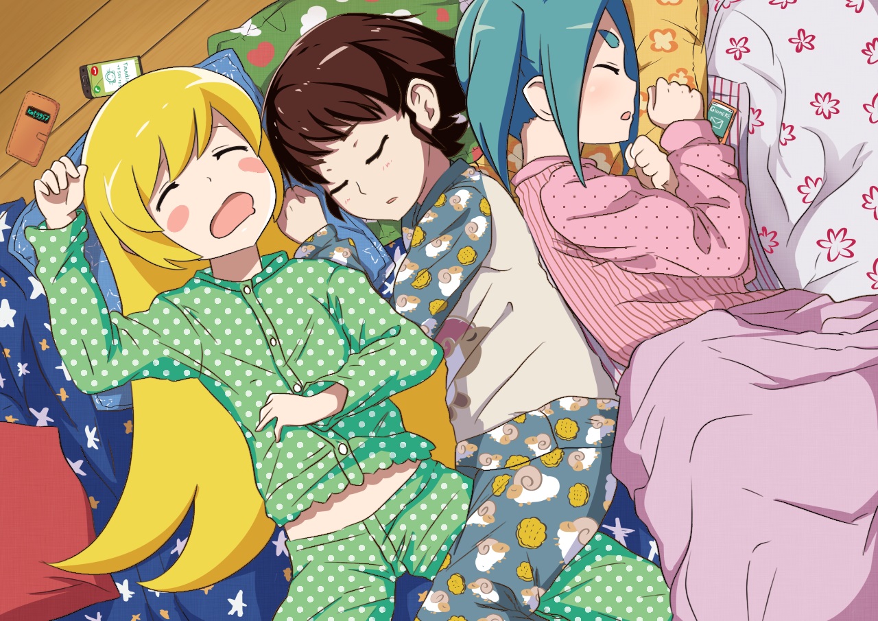 bakemonogatari, blonde_hair, blue_hair, blush, brown_hair, hachikuji_mayoi, loli, long_hair, monogatari_(series), ononoki_yotsugi, oshino_shinobu, pajamas, phone, servachok, short_hair, sleeping, vampire