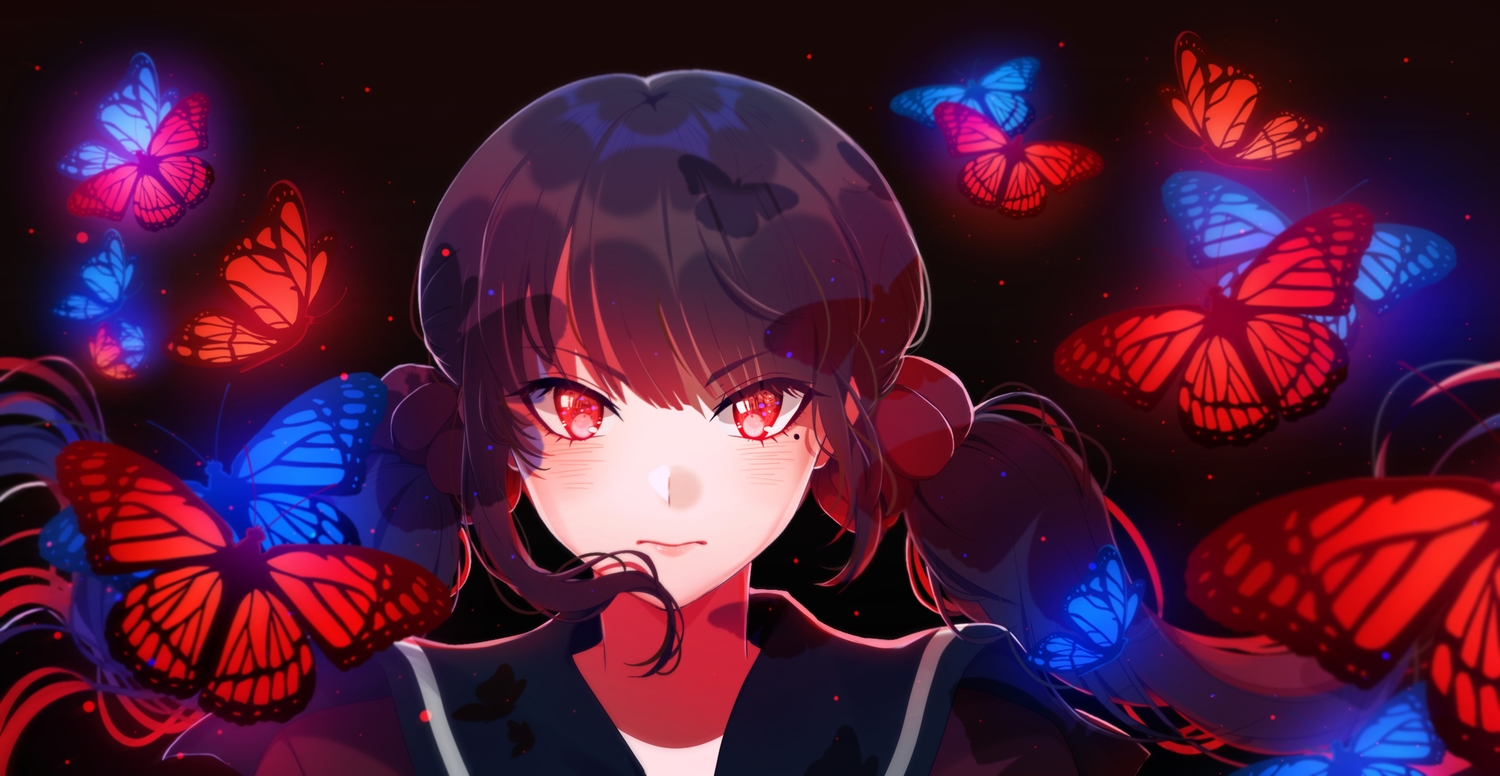 black_hair, blush, butterfly, dangan-ronpa, dark, harukawa_maki, long_hair, new_dangan-ronpa_v3, red_eyes, savi_(byakushimc), twintails