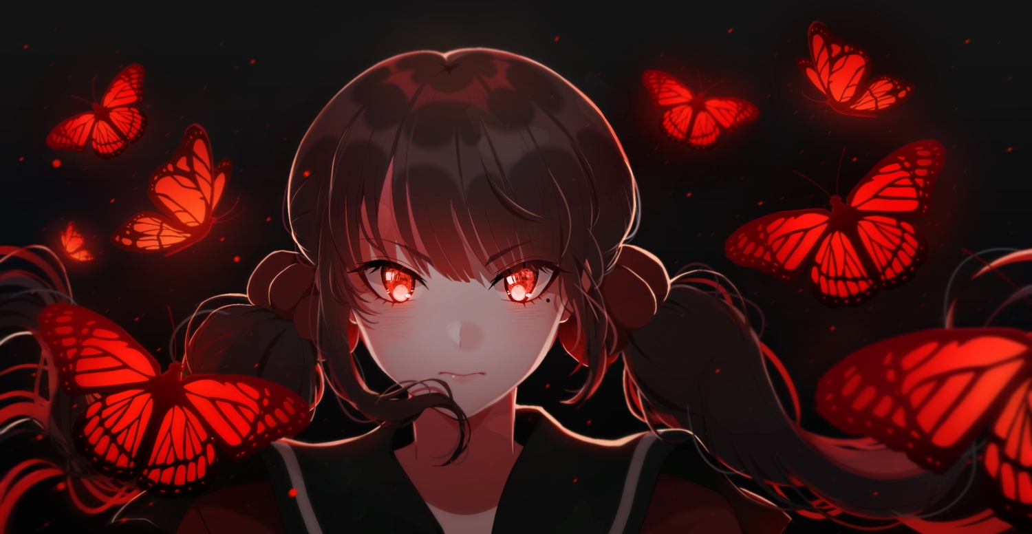 black_hair, blush, butterfly, dangan-ronpa, dark, harukawa_maki, long_hair, new_dangan-ronpa_v3, red_eyes, savi_(byakushimc), twintails