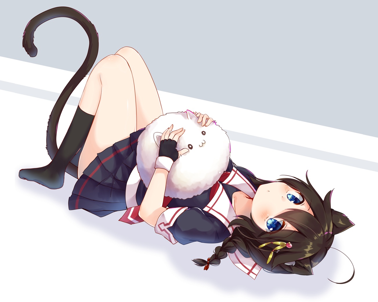 animal_ears, anthropomorphism, aqua_eyes, black_hair, blush, bow, braids, catgirl