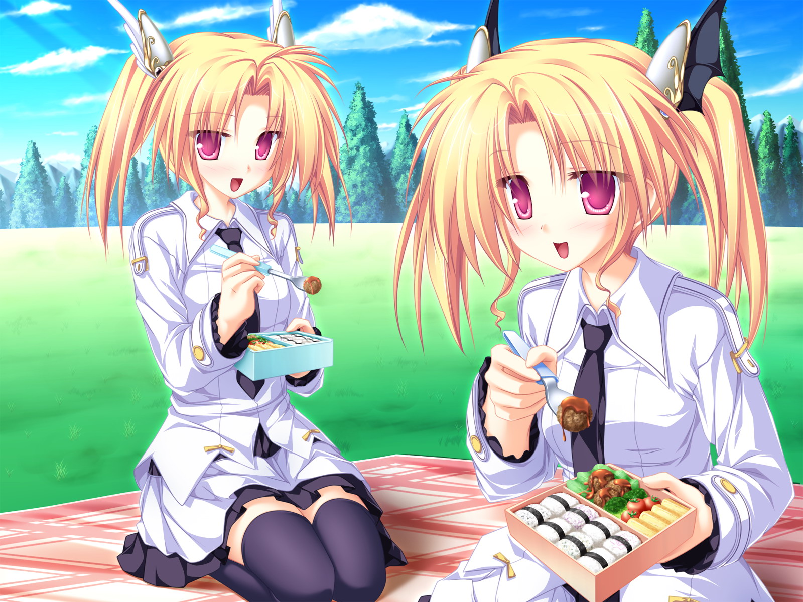 blonde_hair, food, game_cg, grass, magus_tale, nina_geminis, red_eyes, rena_geminis